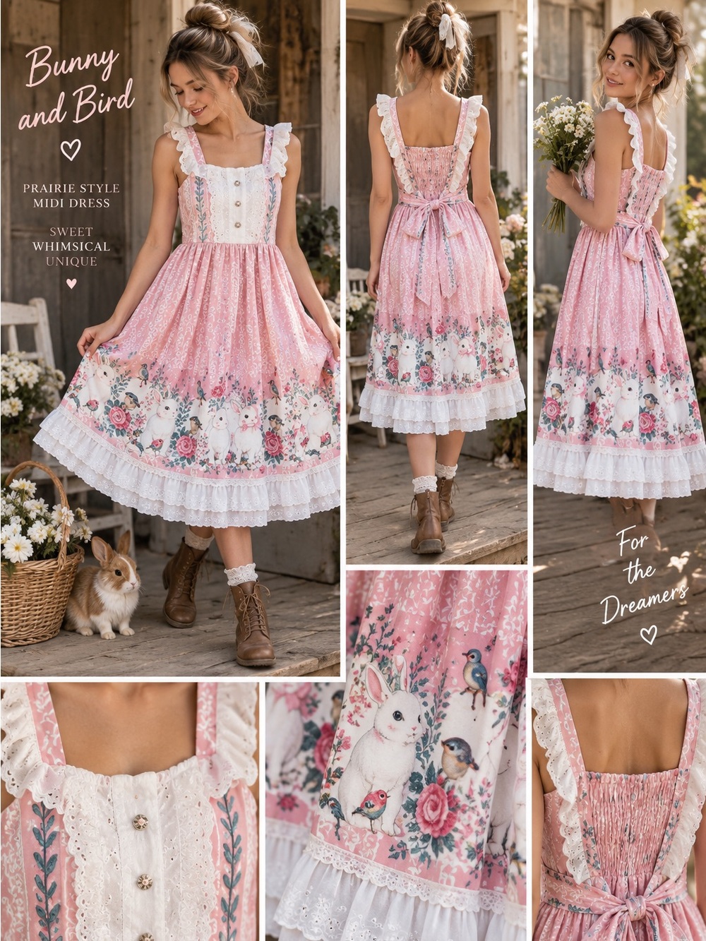 Pink Bunny Bird Cottagecore Prairie Midi Dress Kawaii